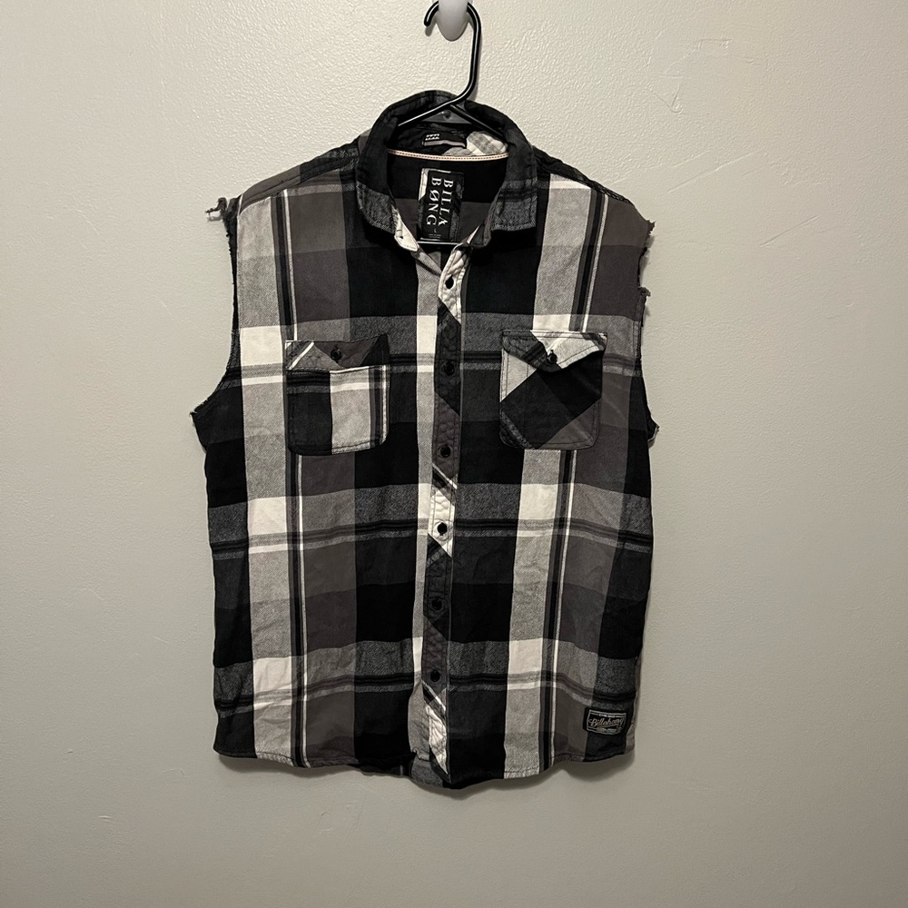 Billabong Sleeveless Plaid Shirt Men’s Large Black White Casual Button Up